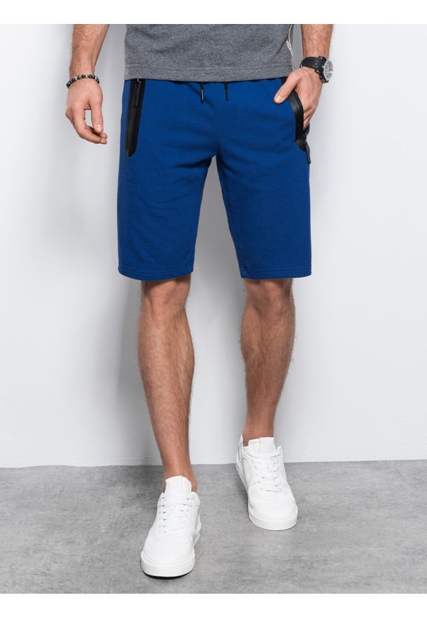 Ombre Clothing - Krótkie spodenki męskie dresowe W239 - niebieskie - XXL. Okazja: na co dzień. Kolor: niebieski. Materiał: dresówka. Długość: krótkie. Wzór: nadruk. Sezon: wiosna, lato. Styl: casual, klasyczny