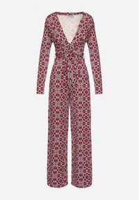 Born2be - Fuksjowy Wzorzysty Kombinezon z Długim Rękawem i Szerokimi Spodniami z Wiązaniem w Pasie Vilati. Kolor: różowy. Długość rękawa: długi rękaw. Długość: długie. Wzór: geometria. Styl: elegancki #7