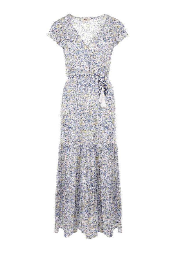 Born2be - Biało-Niebieska Sukienka ze Sznurkiem Cillereia. Typ kołnierza: kołnierz z falbankami. Kolor: niebieski. Materiał: wiskoza, tkanina. Długość rękawa: krótki rękaw. Wzór: kwiaty, nadruk. Długość: maxi