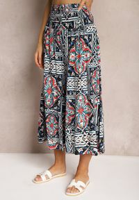 Renee - Granatowe Spodnie Kuloty z Bawełny High Waist z Gumką w Pasie Palovia. Stan: podwyższony. Kolor: niebieski. Materiał: bawełna. Sezon: lato