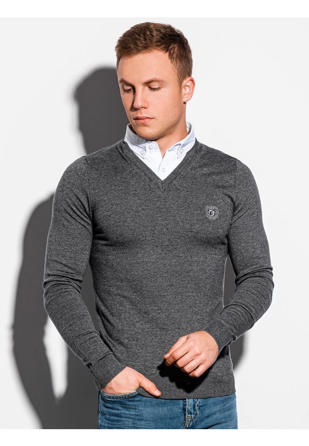 Ombre Clothing - Sweter męski E120 - grafitowy/melanżowy - XXL. Typ kołnierza: dekolt w serek, kołnierzyk koszulowy. Kolor: szary. Materiał: materiał, bawełna, nylon. Wzór: melanż. Styl: klasyczny