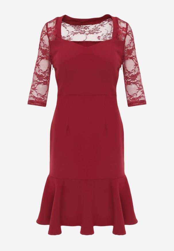 Renee - Bordowa Sukienka VICES o Taliowanym Kroju z Rękawami z Koronki Metirei. Kolor: czerwony. Materiał: koronka. Wzór: koronka. Styl: elegancki