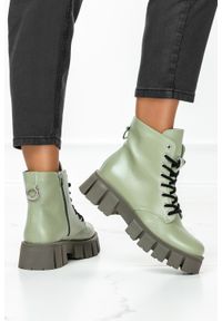 Casu - Zielone botki skórzane na platformie sznurowane produkt polski casu 8199. Kolor: zielony. Materiał: skóra. Obcas: na platformie #1