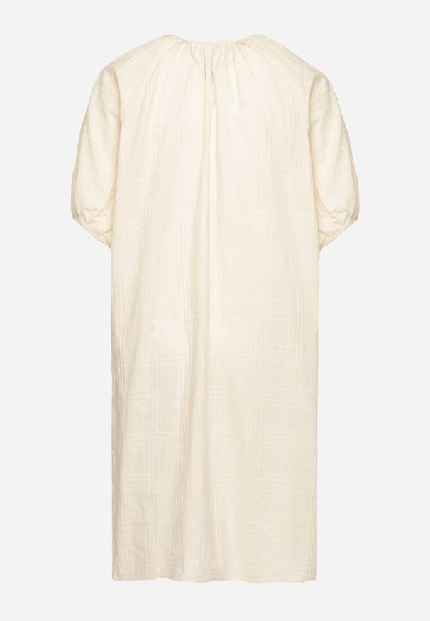 Born2be - Beżowa Bawełniana Sukienka Oversize z Wiązaniem pod Szyją Tolanea. Kolor: beżowy. Materiał: bawełna. Długość rękawa: krótki rękaw. Typ sukienki: oversize