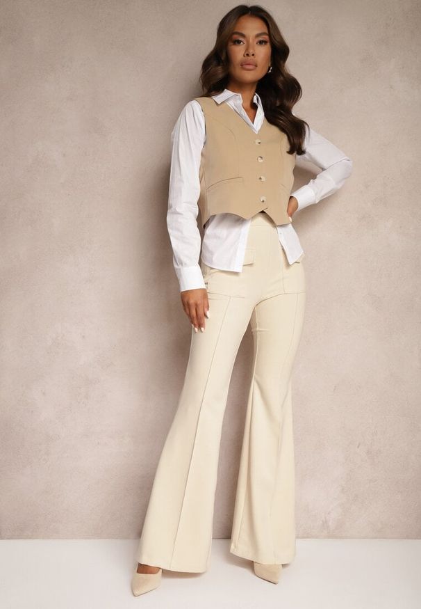 Renee - Beżowe Spodnie Dzwony High Waist Fani. Okazja: na co dzień. Stan: podwyższony. Kolor: beżowy. Wzór: aplikacja. Styl: casual