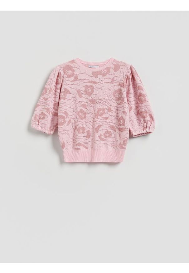 Reserved - Bluzka z ozdobnym wzorem - różowy. Kolor: różowy. Materiał: dzianina, wiskoza. Styl: klasyczny