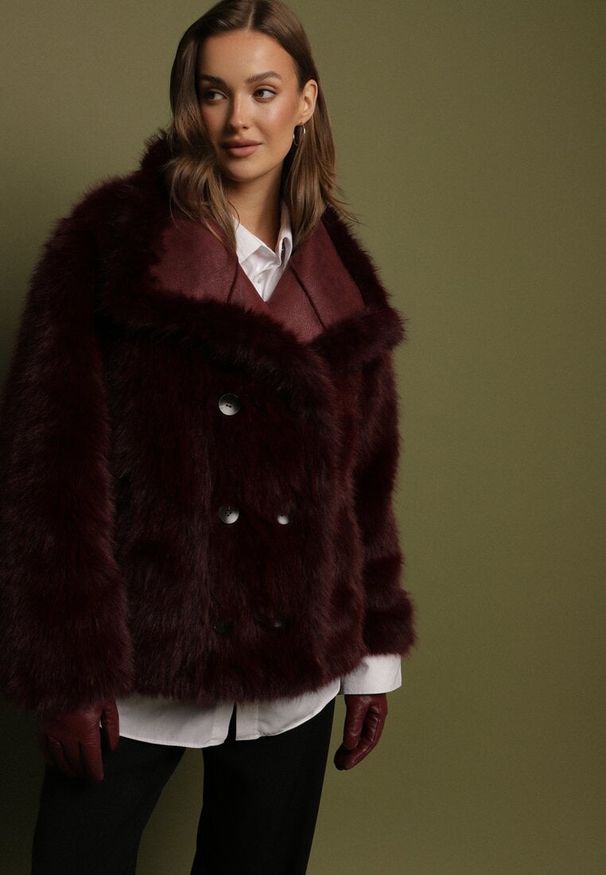 Born2be - Bordowa Kurtka Dwustronna w Stylu Biker z Futerkiem Aflita. Okazja: na spacer, na co dzień. Kolor: czerwony. Materiał: futro. Długość: krótkie. Styl: casual, elegancki