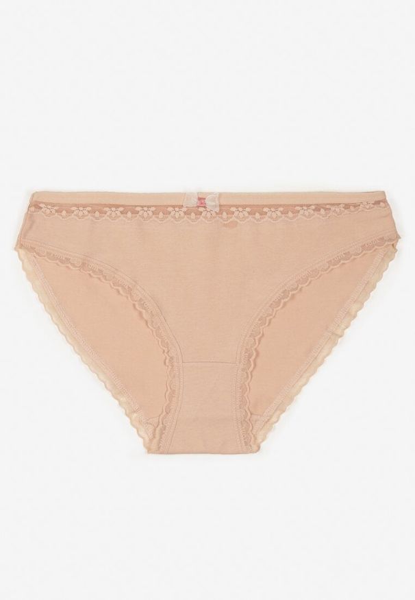 Born2be - Beżowe Bawełniane Majtki Typu Figi z Koronką i Kokardą Zeteria. Kolor: beżowy. Materiał: bawełna, koronka. Wzór: koronka