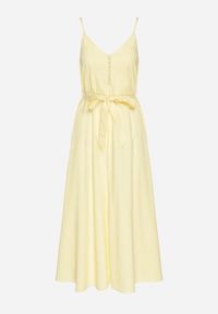 Born2be - Żółta Sukienka z Wiskozą i Bawełną Ozdobiona Paskiem Saviliae. Kolor: żółty. Materiał: bawełna, wiskoza. Długość rękawa: na ramiączkach. Wzór: aplikacja. Styl: elegancki #3