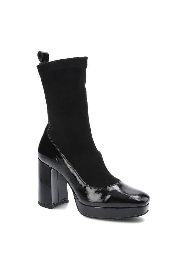 Czarne Botki Damskie Simen Modne Eleganckie Buty. Kolor: czarny. Materiał: lakier. Szerokość cholewki: normalna. Obcas: na obcasie. Styl: elegancki. Wysokość obcasa: średni