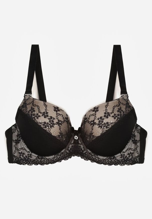 Renee - Czarno-Beżowy Biustonosz z Koronką i Cyrkoniami Himelodia. Kolor: czarny. Materiał: koronka. Wzór: koronka