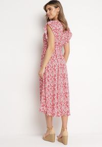 Born2be - Czerwona Sukienka Bawełniana z Gumką w Talii i Mozaikowym Wzorem Indaria. Kolor: czerwony. Materiał: bawełna #4