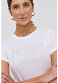 Hugo T-shirt bawełniany kolor biały. Okazja: na co dzień. Kolor: biały. Materiał: bawełna. Wzór: aplikacja. Styl: casual