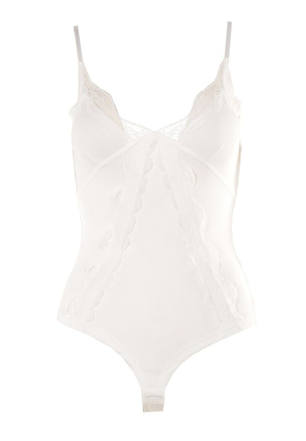 Renee - Białe Body Ethemophis. Kolor: biały. Materiał: koronka, jeans, dzianina. Wzór: aplikacja