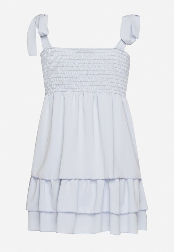 Born2be - Niebieska Rustykalna Sukienka o Taliowanym Kroju z Wiązaniem i Falbanami Finkio. Okazja: na co dzień. Kolor: niebieski. Długość rękawa: na ramiączkach. Wzór: aplikacja. Styl: casual, elegancki