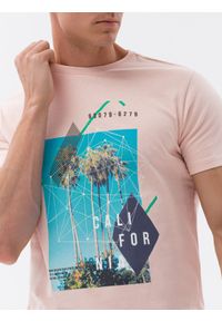 Ombre Clothing - T-shirt męski bawełniany z nadrukiem - różowa V2 S1738 - XXL. Kolor: różowy. Materiał: bawełna. Długość rękawa: krótki rękaw. Długość: krótkie. Wzór: nadruk. Styl: elegancki, klasyczny #1