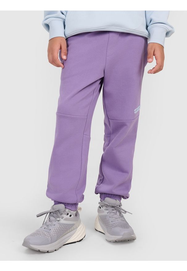 4f - 4F Spodnie dresowe joggery chłopięce - fioletowe 140 (9-10 lat). Okazja: na co dzień. Kolor: fioletowy. Materiał: dresówka. Wzór: gładki, ze splotem. Sezon: lato. Styl: młodzieżowy, casual, sportowy