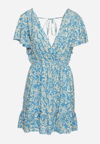 Born2be - Niebieska Rozkloszowana Bawełniana Sukienka z Gumką w Talii i Falbanami Nelsea. Okazja: na co dzień, na randkę. Typ kołnierza: dekolt w kształcie V. Kolor: niebieski. Materiał: bawełna. Długość rękawa: krótki rękaw. Typ sukienki: rozkloszowane. Styl: casual, wizytowy #2