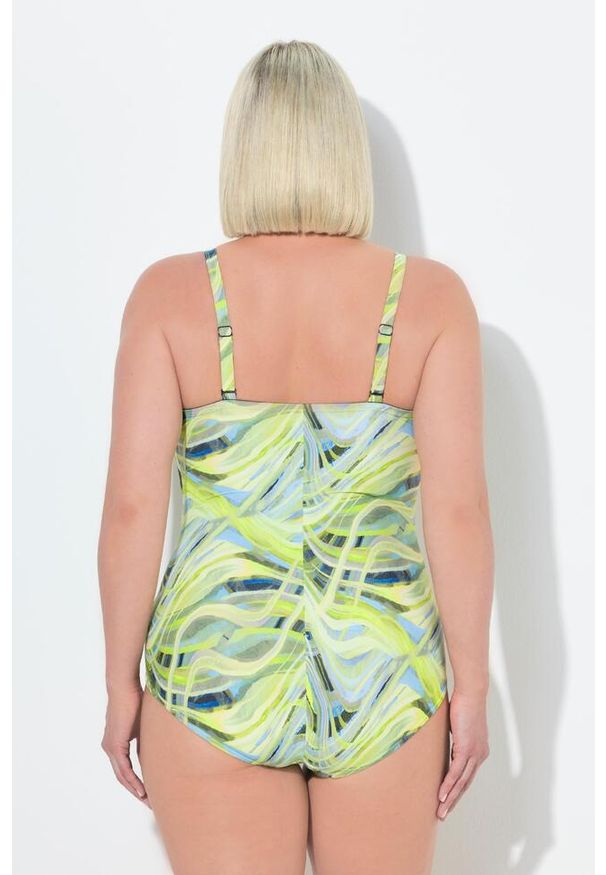 ULLA POPKEN - Damski Strój kąpielowy wzór w fale miękkie miseczki zamek błyskawiczny. Kolekcja: plus size. Kolor: zielony, wielokolorowy, żółty. Materiał: poliester, elastan, poliamid, materiał
