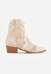 Renee - Beżowe Botki Kowbojki na Stożku z Ażurową Cholewką z Haftem Isarna. Okazja: na co dzień. Kolor: beżowy. Materiał: jeans. Szerokość cholewki: normalna. Wzór: ażurowy, haft. Obcas: na stożku. Styl: casual, klasyczny, boho. Wysokość obcasa: średni #9