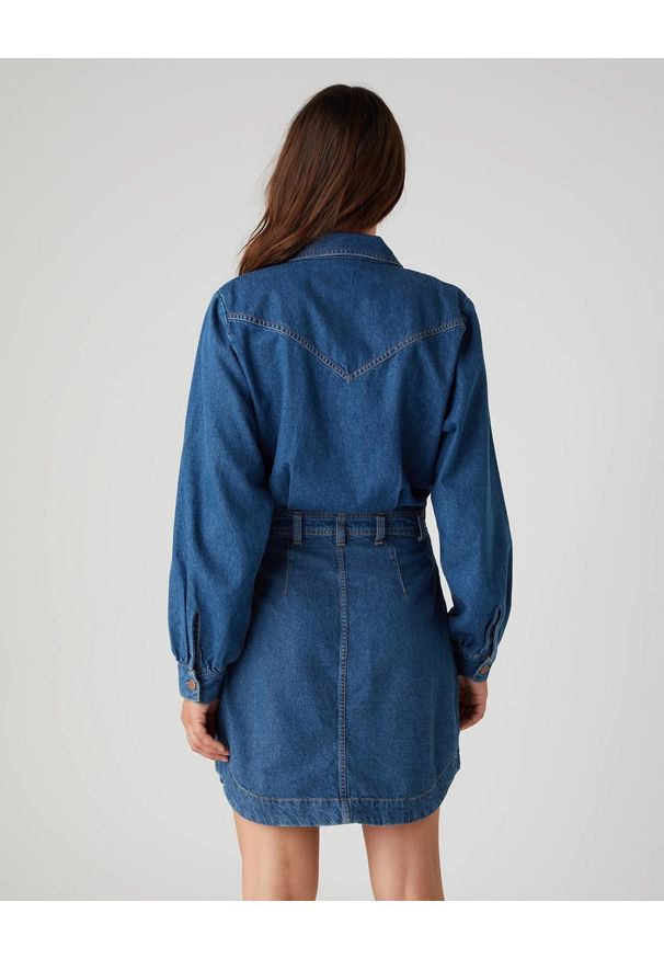 Wrangler - SUKIENKA JEANSOWA WRANGLER PUFF SLEEVE WESTERN MID INDIGO W9P4LLX8E 112132455. Materiał: jeans