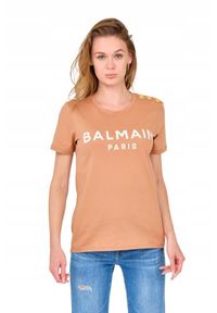 Balmain - BALMAIN Brązowy damski t-shirt z guzikami. Kolor: brązowy. Materiał: bawełna #4