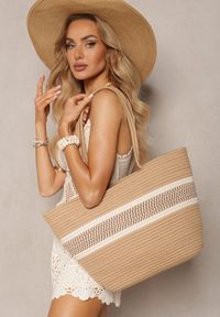 Renee - Beżowa Trapezowa Torebka Tote w Plażowym Stylu z Plecionej Bawełny Prociona. Kolor: beżowy. Sezon: lato. Styl: elegancki #5