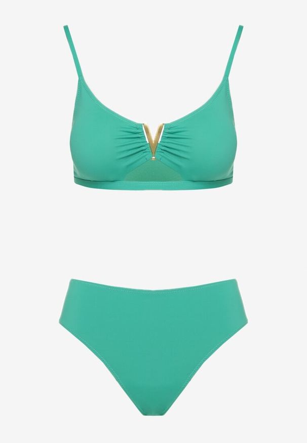 Born2be - Ciemnozielone Bikini Biustonosz z Metaliczną Ozdobą i Majtki Figi Kinirela. Kolor: zielony. Wzór: aplikacja