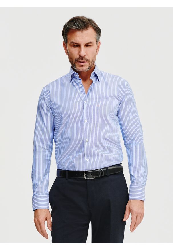 Pako Lorente - PAKO LORENTE – Niebieska koszula męska w paski. Kolor: niebieski. Materiał: bawełna. Długość rękawa: długi rękaw. Długość: długie. Wzór: paski