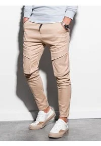 Ombre Clothing - Spodnie męskie joggery P999 - beżowe - XXL. Kolor: beżowy. Materiał: elastan, bawełna. Wzór: aplikacja