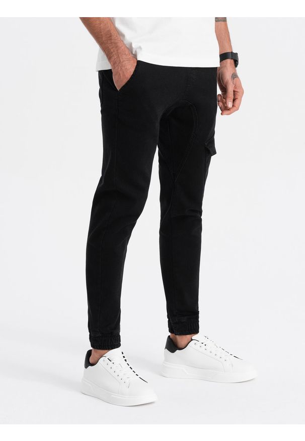 Ombre Clothing - Spodnie męskie JOGGERY z kieszenią cargo - czarne V2 - Rozmiar: XL. Kolor: czarny. Materiał: elastan, bawełna, poliester, materiał