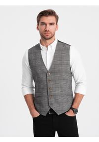 Ombre Clothing - Męska kamizelka SLIM FIT z łączonych materiałów w kratkę – grafitowa V2. Kolor: szary. Materiał: materiał. Wzór: kratka