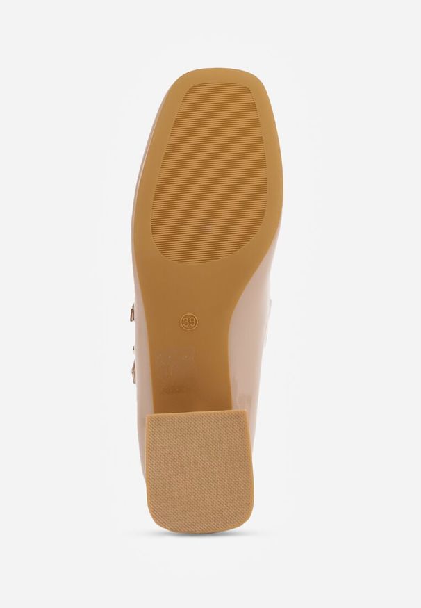 Renee - Ciemnobeżowe Czółenka Lakierowane na Słupku z Paskami na Sprzączki Omeisa. Okazja: do pracy. Zapięcie: pasek. Kolor: beżowy. Materiał: lakier. Wzór: kwiaty, paski. Obcas: na słupku. Styl: wizytowy, klasyczny, elegancki. Wysokość obcasa: średni