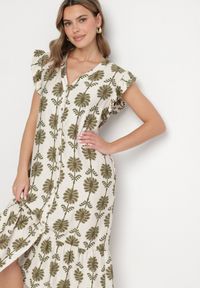 Born2be - Biało-Zielona Kwiatowa Sukienka z Bawełną i Falbanką Efanelia. Okazja: na spacer, na imprezę. Typ kołnierza: dekolt w serek. Kolor: beżowy. Materiał: bawełna. Wzór: kwiaty. Sezon: wiosna, lato. Typ sukienki: proste. Styl: elegancki #2