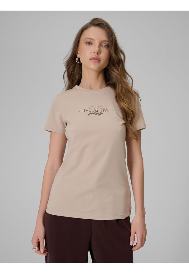 4f - 4F T-shirt slim z nadrukiem damski - beżowy S. Okazja: na co dzień. Kolor: beżowy. Materiał: materiał, jeans. Wzór: nadruk. Styl: casual