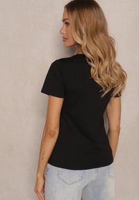 Renee - Czarny T-shirt Bawełniany z Nadrukiem i Dekoltem w Serek Elarinia. Okazja: na co dzień. Typ kołnierza: dekolt w serek. Kolor: czarny. Materiał: bawełna. Wzór: nadruk. Styl: elegancki, casual