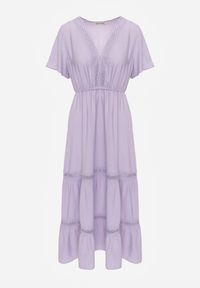 Born2be - Fioletowa Sukienka Maxi z Gumką w Pasie i Koronkowymi Wstawkami Anandia. Kolor: fioletowy. Materiał: koronka. Wzór: aplikacja. Długość: maxi #7