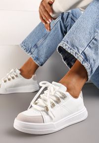 Born2be - Biało-Złote Sneakersy Wonaria. Nosek buta: okrągły. Kolor: biały. Materiał: zamsz, skóra ekologiczna. Szerokość cholewki: normalna. Obcas: na płaskiej podeszwie