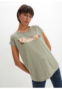 bonprix - Długi T-shirt z mieszanki wiskozy. Kolor: zielony. Materiał: wiskoza. Długość: długie. Wzór: napisy. Styl: elegancki #1