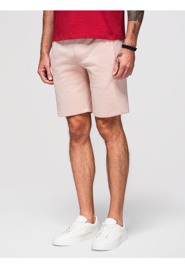 Ombre Clothing - Męskie dzianinowe spodenki ze ściągaczem i kieszeniami - pudroworóżowe V11 - Rozmiar: XXL. Kolor: różowy. Materiał: dzianina. Styl: wakacyjny