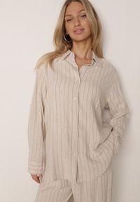 Born2be - Jasnobeżowy Wiskozowo-Lniany Komplet w Paski Koszula i Szerokie Spodnie Terasea. Kolor: beżowy. Materiał: wiskoza, len. Wzór: paski #3