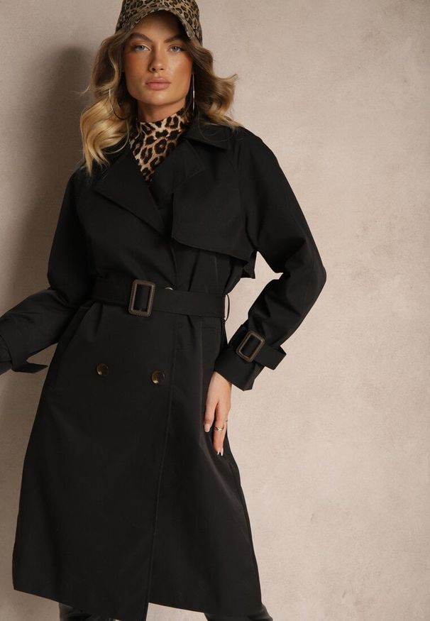 Renee - Czarny Dwurzędowy Płaszcz Trencz z Paskiem Ninnolia. Okazja: do pracy, na spacer. Kolor: czarny. Materiał: jeans. Wzór: aplikacja. Styl: klasyczny, elegancki