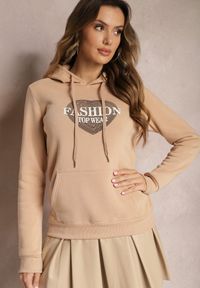 Renee - Beżowa Bluza Kangurka Ocieplona Polarem z Ozdobnym Nadrukiem Elili. Okazja: na co dzień. Kolor: beżowy. Materiał: polar. Wzór: nadruk. Styl: casual, elegancki