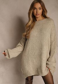 Renee - Beżowy Sweter Oversize z Wełną i Wiskozą Fedolina. Okazja: na co dzień. Kolor: beżowy. Materiał: wełna, wiskoza. Styl: casual #1