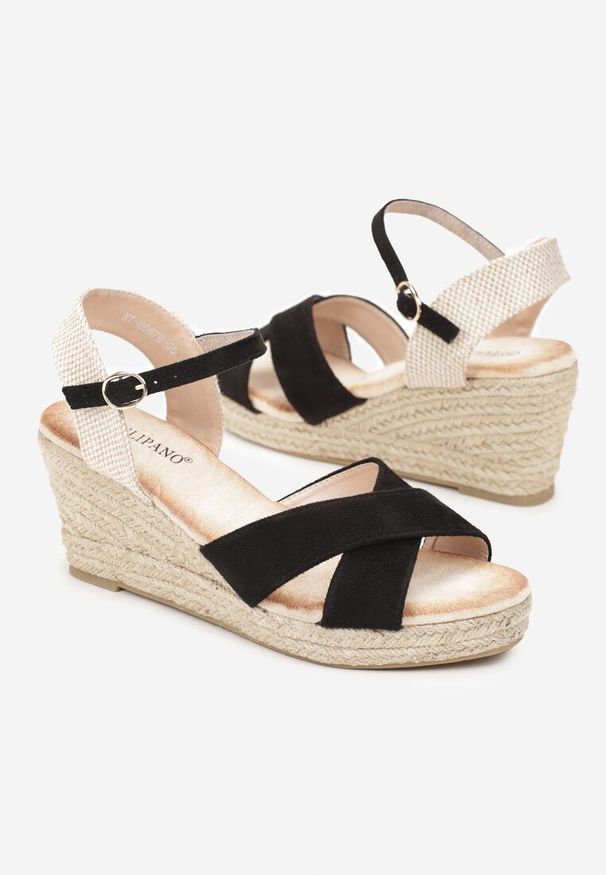 Born2be - Czarne Sandały w Stylu Espadryli na Plecionym Koturnie Timiva. Nosek buta: otwarty. Kolor: czarny. Wzór: aplikacja. Obcas: na koturnie