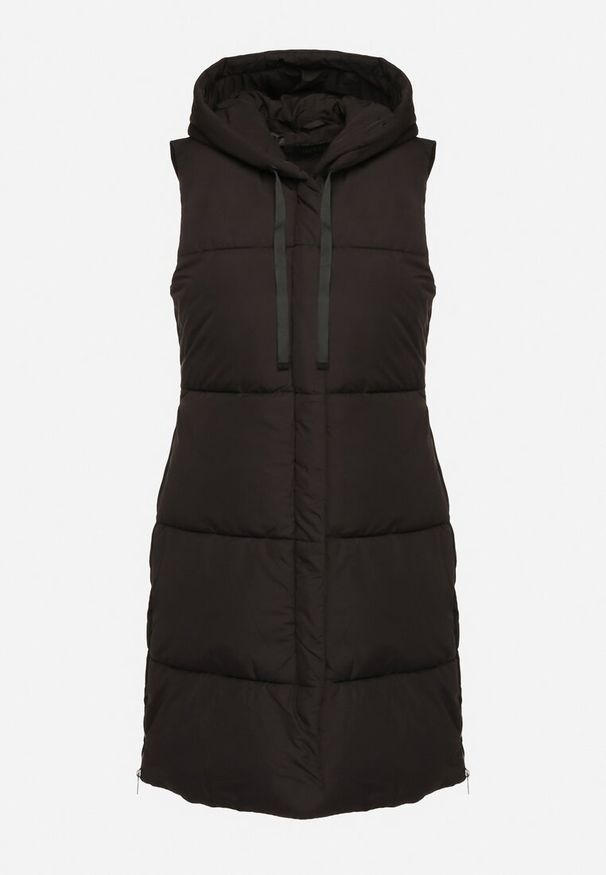 Born2be - Czarna Pikowana Kamizelka z Kapturem Wykończona Napami Prineria. Okazja: na co dzień. Typ kołnierza: kaptur. Kolor: czarny. Materiał: jeans. Styl: elegancki, casual