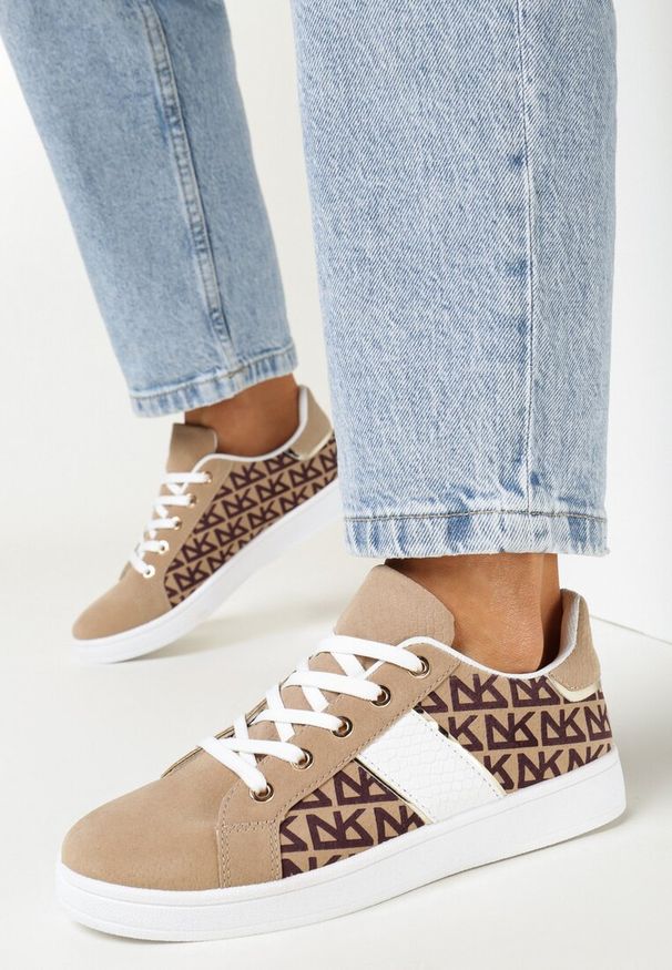 Born2be - Beżowe Sneakersy z Nadrukiem Mindi. Kolor: beżowy. Wzór: nadruk