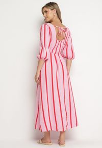 Born2be - Różowo-Pomarańczowa Taliowana Sukienka z Bawełny z Motywem Pasków Rivettes. Okazja: na co dzień, do pracy. Typ kołnierza: dekolt w kształcie V. Kolor: różowy. Materiał: bawełna. Wzór: aplikacja. Typ sukienki: proste. Styl: klasyczny, casual, elegancki #5