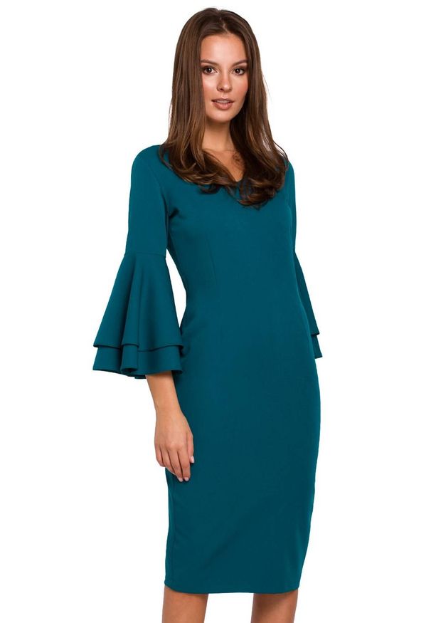 Makover - Elegancka sukienka midi z ozdobnymi rękawami. Typ sukienki: ołówkowe. Styl: elegancki. Długość: midi