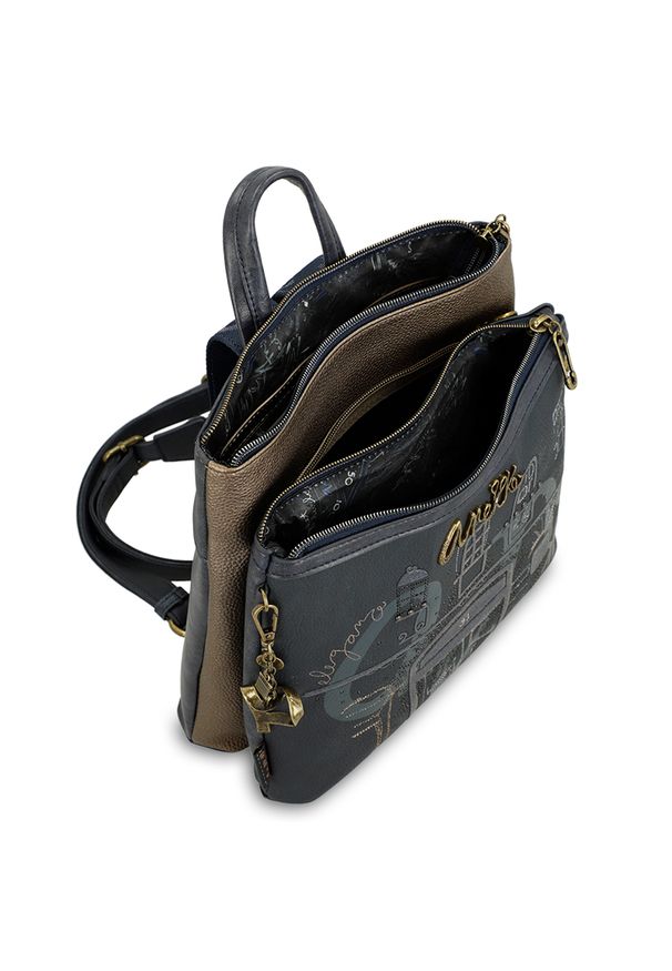 Granatowy Elegancki Damski Plecak Anekke. Kolor: niebieski. Materiał: materiał. Wzór: aplikacja, haft, nadruk. Styl: elegancki